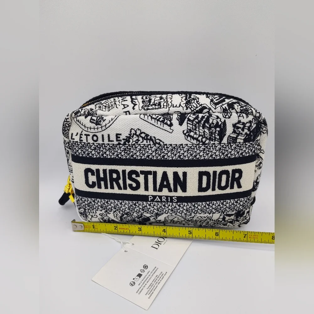 NWT NIB Christian Dior Paris Toile Canvas Cosmetic Pouch Black White Gold Zipper - Picture 4 of 6